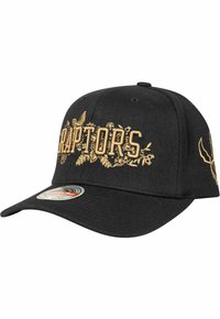 Black baseball cap with gold embroidered "Raptors" text and floral accents; features a curved brim and adjustable strap at the back.