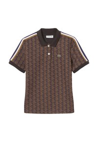 Braun gemustertes Polohemd mit klassischem Kragen, kurzen Ärmeln und kontrastierenden Streifen an den Schultern. Mit Lacoste-Logo.