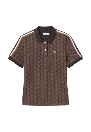 Braun gemustertes Polohemd mit klassischem Kragen, kurzen Ärmeln und kontrastierenden Streifen an den Schultern. Mit Lacoste-Logo.