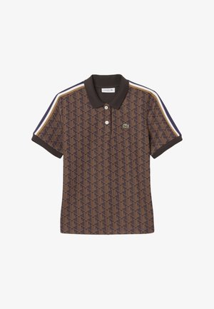 Brązowa koszulka polo w wzory z klasycznym kołnierzykiem, krótkimi rękawami i kontrastowymi paskami na ramionach. Posiada logo Lacoste.