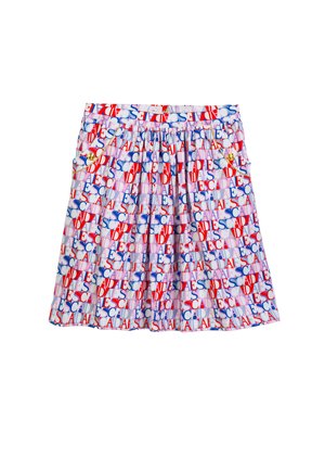 Faltenrock mit durchgehendem mehrfarbigem Textmuster in Rot, Blau und Pink, ausgestattet mit zwei Vordertaschen mit goldenen Knöpfen und gelber Verzierung.