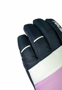Blue textile glove with three fingers, featuring white and lavender stripes, reinforced stitching, and a smooth, insulated exterior.