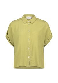 Short-sleeve, light green blouse with a button-up front, collar, and a relaxed fit. Soft fabric with a smooth texture and no visible patterns.