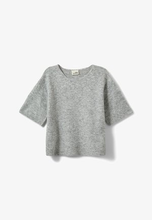 Maglione grigio a maniche corte in morbido tessuto a maglia. Presenta un colletto rotondo e una vestibilità rilassata con orlo a costine. Design minimalista, senza fantasie.