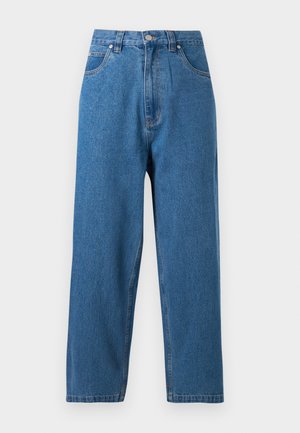 Hochgeschnittene blaue Denim-Jeans mit geradem Bein, fünf Taschen und kontrastierenden orangen Nähten. Klassischer und strapazierfähiger Stoff.