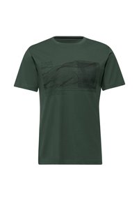 Camiseta de manga corta verde hecha de algodón. Presenta un gráfico de montaña en negro, con texto explicativo debajo. Diseño de cuello redondo.