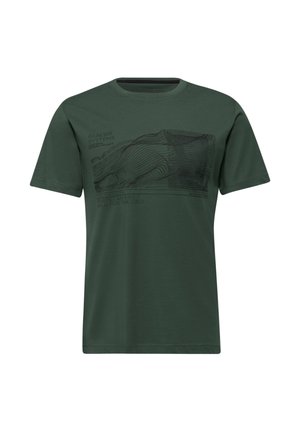 T-shirt vert à manches courtes en coton. Présente un graphique de montagne en noir, avec du texte en dessous. Design à col rond.