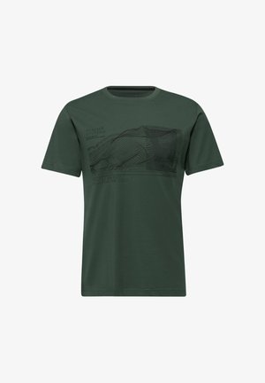 T-shirt vert à manches courtes en coton. Présente un graphique de montagne en noir, avec du texte en dessous. Design à col rond.