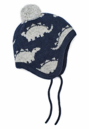 Marine gestrickte Mütze mit Dinosauriermustern in Creme, ausgestattet mit einem strukturierten grauen Pompon und Bändern für einen sicheren Sitz an den Seiten.
