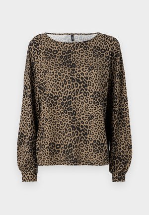 Leopard print long-sleeve top in brown and black, featuring a round neckline and gathered sleeve cuffs, made from soft, textured fabric.