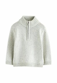 Maglione grigio chiaro lavorato a maglia con colletto alto a coste, zip frontale a metà e texture a macchie. Polsini e orlo a coste. Design casual.