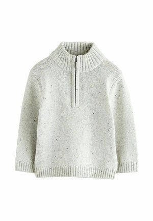 Maglione grigio chiaro lavorato a maglia con colletto alto a coste, zip frontale a metà e texture a macchie. Polsini e orlo a coste. Design casual.