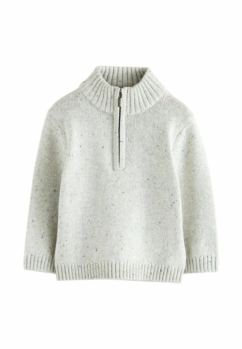 Maglione grigio chiaro lavorato a maglia con colletto alto a coste, zip frontale a metà e texture a macchie. Polsini e orlo a coste. Design casual.