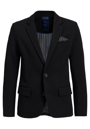 Blazer noir texturé avec deux poches avant, une fermeture à bouton simple et une doublure intérieure rayée. Dispose d'une petite poche poitrine.
