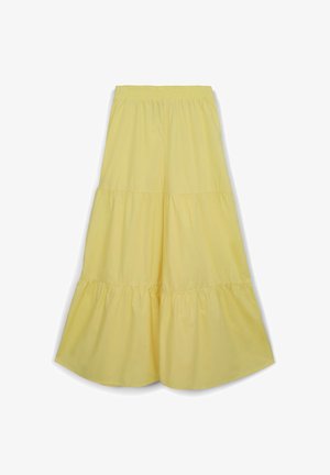 Gonna a balze in cotone giallo con vita elastica, caratterizzata da tre strati arricciati e una forma a A fluida. Texture liscia in tutto il capo.