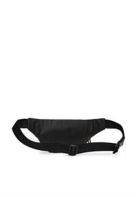 Fekete nylon övtáska sima felülettel, állítható pánttal és oldalsó csattos zárral. Kompakt kialakítás lekerekített formával.