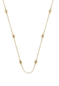 Zarte Goldkette mit gleichmäßig verteilten kleinen, runden, strukturierten Perlen auf einem weißen Hintergrund.