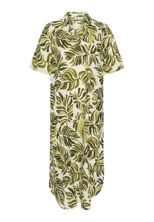 Rövid ujjú ruha fehér anyagból, zöld és sötétzöld levélmintával. Klasszikus gallér és laza szabás, térdhosszú fazonnal.