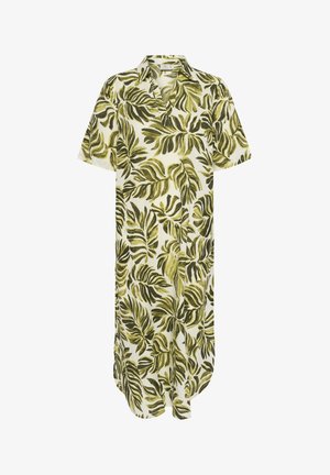 Lühikeste varrukatega kleit valgest kangast, millel on roheline ja tume roheline lehetrükk. Klassikaline krae ja lõdvavartus, kuni põlveni ulatuva äärega.