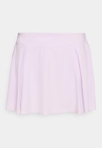 Falda plisada en lavanda claro, con una textura suave, una cintura ajustada y suaves pliegues que aportan volumen al dobladillo.