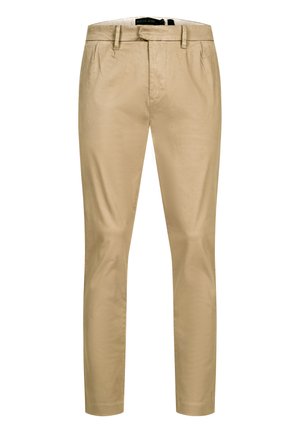Beige slim-fit herrebukser med bæltestropper, forlommer og en knappet linning.