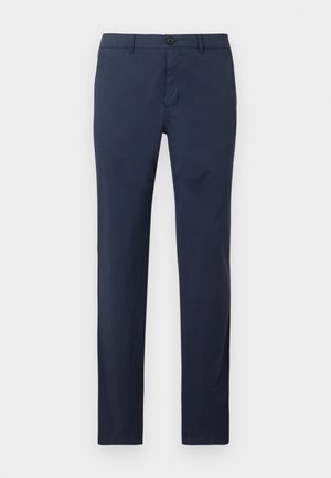 Marineblaue Hose aus leichtem Stoff mit gerade geschnittenem Bein, vorderem Knopfverschluss und Seitentaschen.