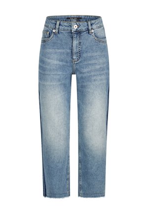 Blue high-waist straight-leg jeans with faded front, front button and zip closure, front and back pockets, and raw hem detailing.