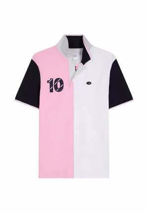 Chemise de rugby à manches courtes divisée en rose et blanc avec des manches noires, un col gris, et le numéro 10 sur le côté rose.