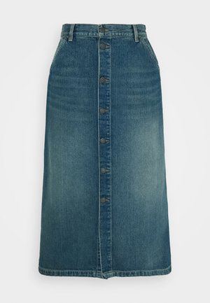 Denimrock, mittellang, dunkelblau mit ausgebleichten Bereichen. Verfügt über einen Knopfverschluss vorne, Gürtelschlaufen und einen geraden Saum.