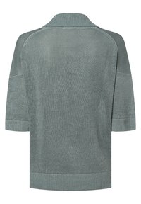 Sweter z krótkim rękawem, dziany w stonowanym zielonym kolorze, z prążkowanym kołnierzem, mankietami i dołem, pokazany z tyłu.