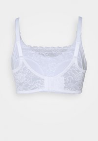 Sutiã branco de renda com copas suaves, alças ajustáveis e um padrão floral. Apresenta um fecho de gancho e olhos nas costas. Textura suave.