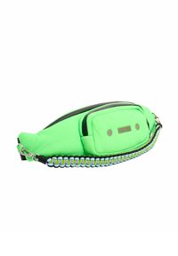 Neon groene nylon heuptas met twee ritscompartimenten, zilverkleurig beslag en een textuurgeweven strap in zwart, blauw en paars.
