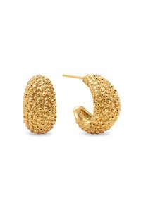 Boucles d'oreilles en métal doré avec une surface texturée, ornées d'accents sphériques en relief, de forme ovale et dotées d'une fermeture à tige sécurisée.