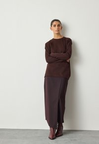 Haut marron à manches longues associé à une jupe plissée marron foncé. Porté avec des bottines marron brillantes. Design minimaliste, texture lisse.