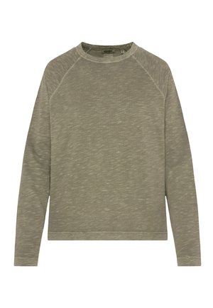 Langärmliges T-Shirt aus strukturiertem olivgrünem Stoff, mit Rundhalsausschnitt und Raglanärmeln, in leichter, locker sitzender Passform.