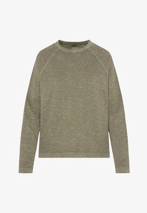 Langärmliges T-Shirt aus strukturiertem olivgrünem Stoff, mit Rundhalsausschnitt und Raglanärmeln, in leichter, locker sitzender Passform.