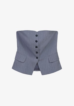 Blazer sans manches à rayures grises avec cinq boutons noirs à l'avant et deux poches à rabat sur les côtés.