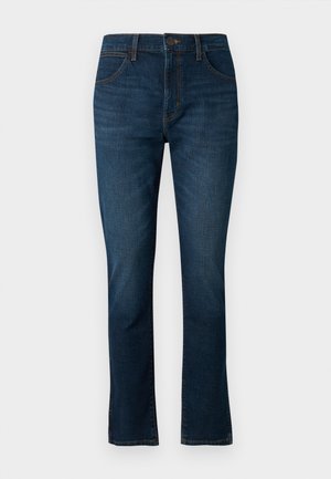 Donkerblauwe rechte spijkerbroek van denim, met een klassiek vijf-pocket ontwerp en een knoopsluiting bij de taille.