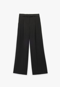 Zwarte wijde broek met hoge taille, voorplooien en een zachte textuur, ontworpen met een op maat gemaakte snit en strakke lijnen.