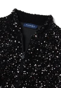 Black sequined jacket featuring a zip closure and high collar. Label read "PIOMBO." Textured surface with shiny, reflective sequins.