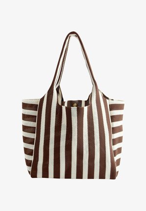 Barna-fehér, függőleges csíkos kötött válltáska két hosszú füllel és középen, fent elhelyezett patent záródással.