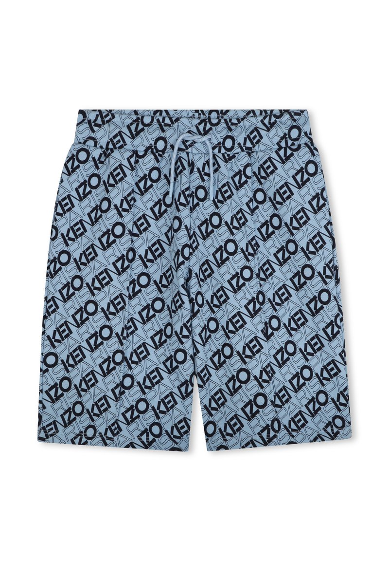 Lichtblauwe zwembroek met een algehele zwart KENZO logo patroon. Elastische tailleband met trekkoord en een ontspannen pasvorm.