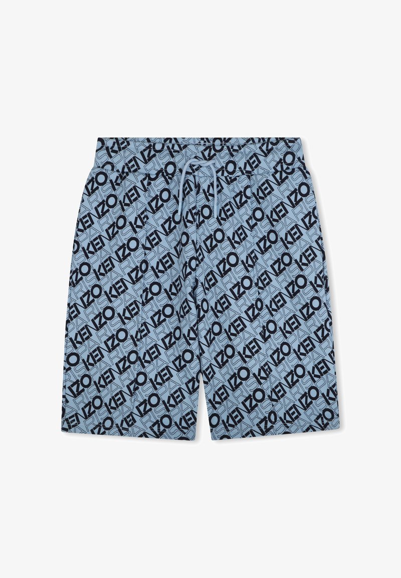 Lichtblauwe zwembroek met een algehele zwart KENZO logo patroon. Elastische tailleband met trekkoord en een ontspannen pasvorm.