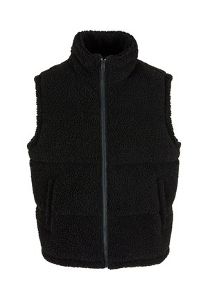 Schwarze Fleece-Weste mit hohem Kragen und Frontreißverschluss. Sie hat zwei Fronttaschen und eine strukturierte, plüschige Oberfläche. Ohne Ärmel.