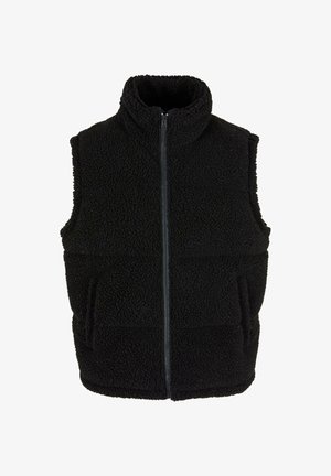 Schwarze Fleece-Weste mit hohem Kragen und Frontreißverschluss. Sie hat zwei Fronttaschen und eine strukturierte, plüschige Oberfläche. Ohne Ärmel.