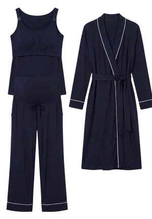 Marineblaues Schwangerschafts-Schlafanzug-Set beinhaltet verstellbares Still-Top, Kordelzug-Hose und langen Bademantel mit weißer Paspelierung und Taillengürtel.