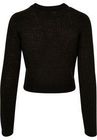 Maglione nero a maglia con design cropped, caratterizzato da un motivo testurizzato, scollatura rotonda e maniche lunghe.