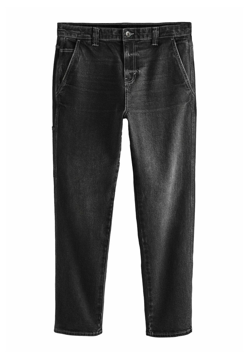 Zwarte denim broek met een rechte snit, vijf zakken en contrasterende witte stiksels. Voorzien van een knoop- en ritssluiting.