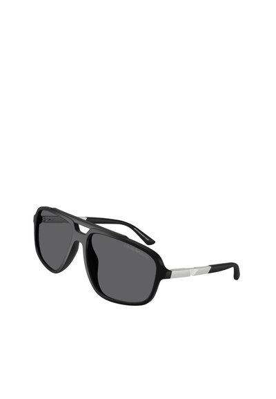 Occhiali da sole neri con un design audace, caratterizzati da lenti scure, montature in plastica spessa e dettagli in metallo alle tempie per un contrasto aggiunto.