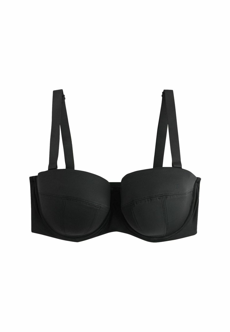 Soutien-gorge noir avec armatures, à coques moulées et bretelles réglables. Tissu lisse avec des coutures discrètes sur les coques et les côtés.